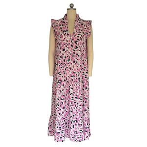 Mud Pie Women's Tiered Maxi Dress Pink Dot Size S Spring